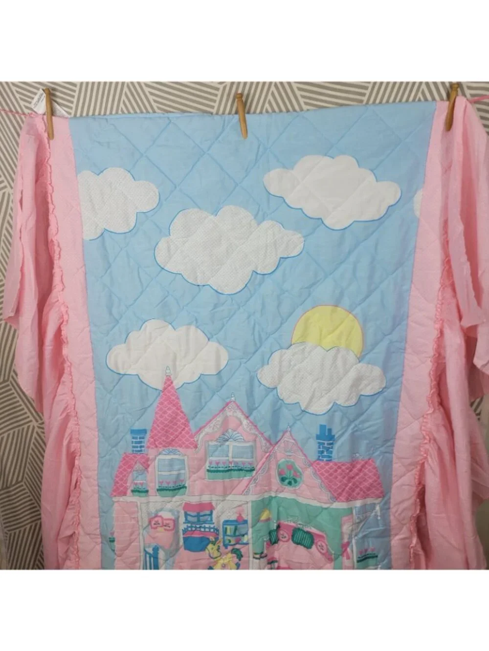 Vintage Bedkins Girls Ruffle Twin Comforter Coverlet Pink Plush Bunny Dollhouse